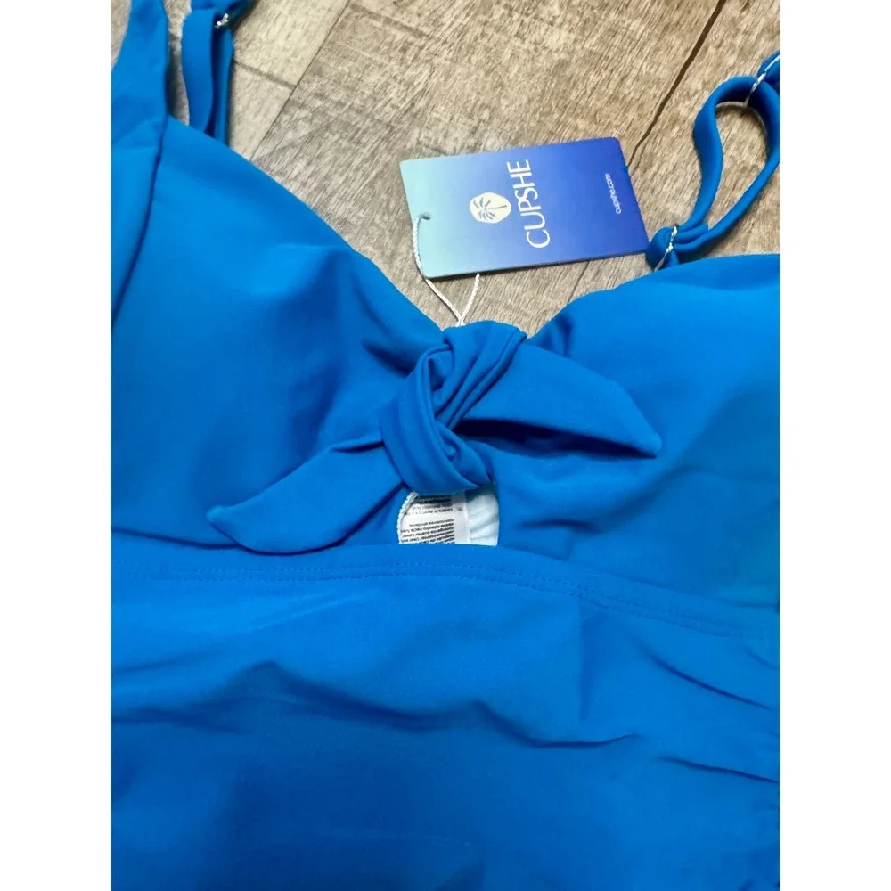 Cupshe Blue Ruched Tie Front Tankini Swimsuit Set Womens Medium